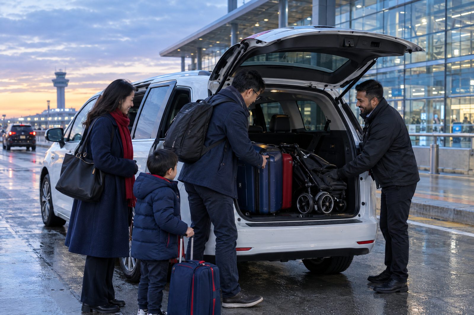 Driver loading a family's luggage into a white minivan at Toronto Pearson