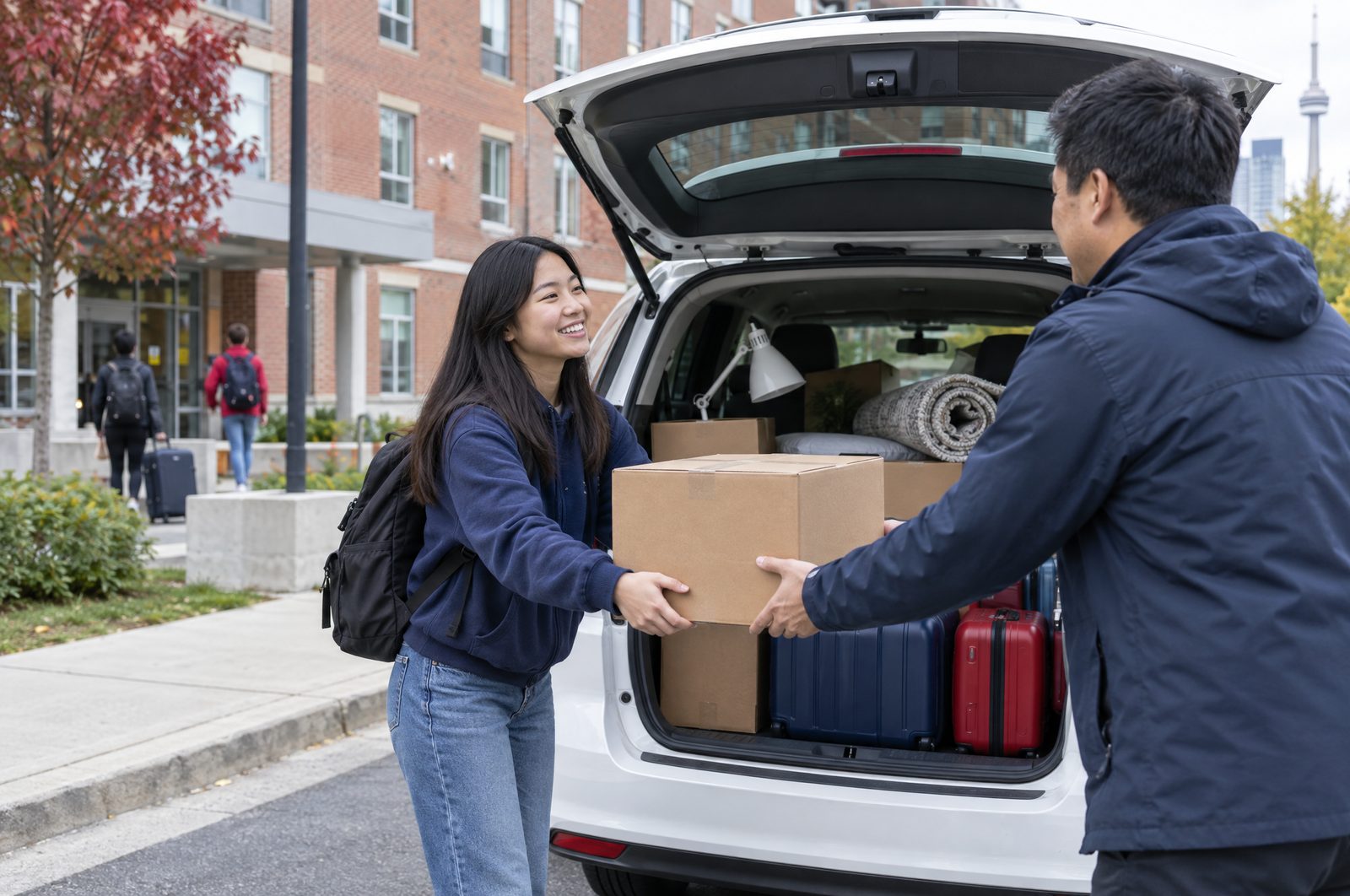 A driver carrying moving boxes from a white minivan to an apartment entrance