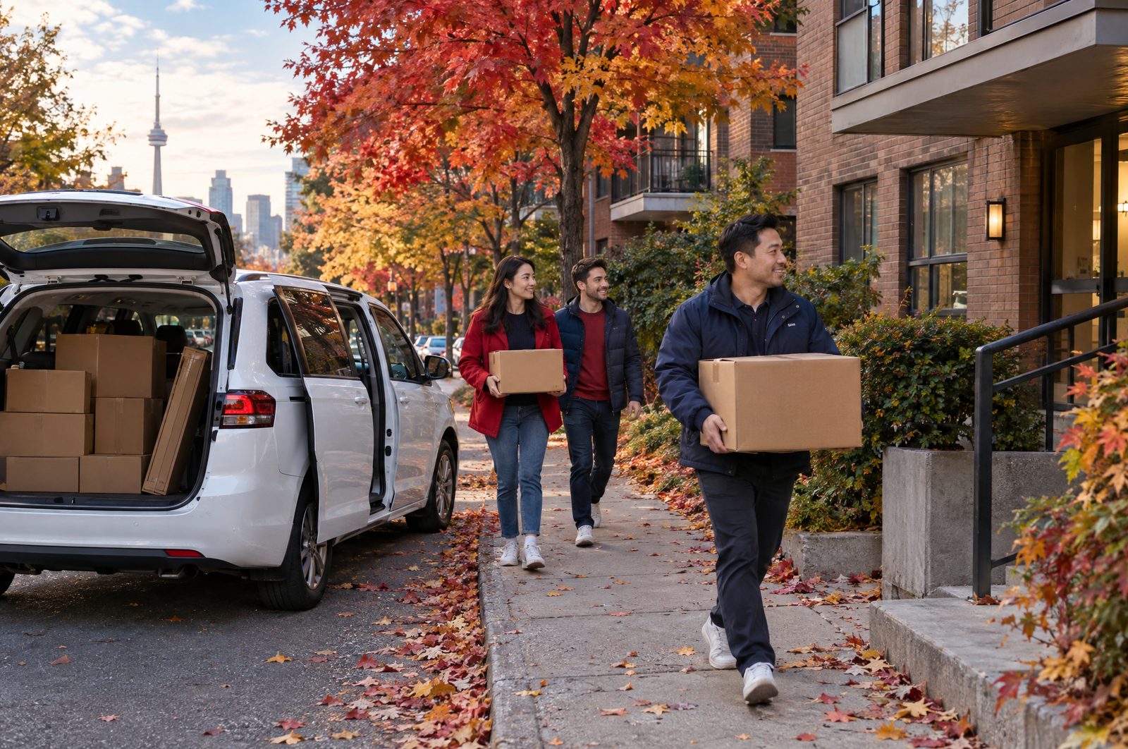 A driver carrying moving boxes from a white minivan to an apartment entrance
