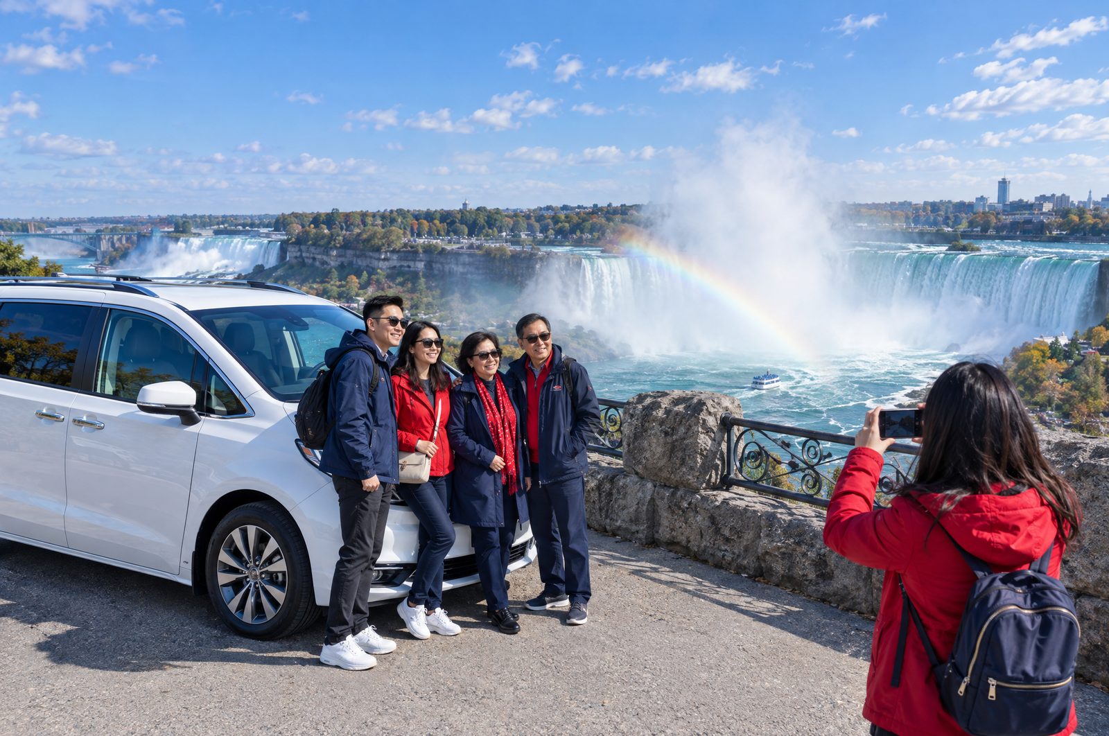 A family taking photos at Niagara Falls with a white minivan parked beside them